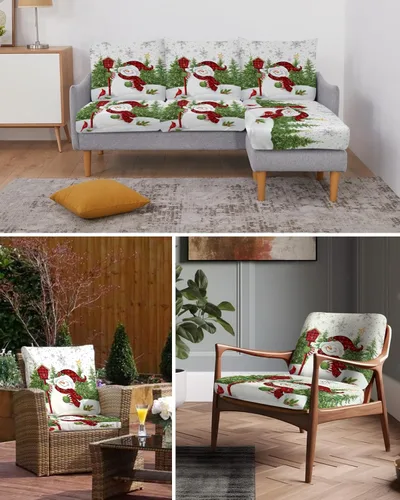 Vista 6 de Wowouhiya Fundas de cojín para sofá con diseño de muñeco de nieve de Navidad, funda elástica para sofá con parte inferior elástica, diseño de árbol
