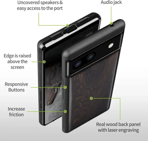 Vista 6 de Carveit Funda de madera para Pixel 6a 2022 madera natural y TPU suave negro a prueba de golpes, funda de madera única y elegante compatible