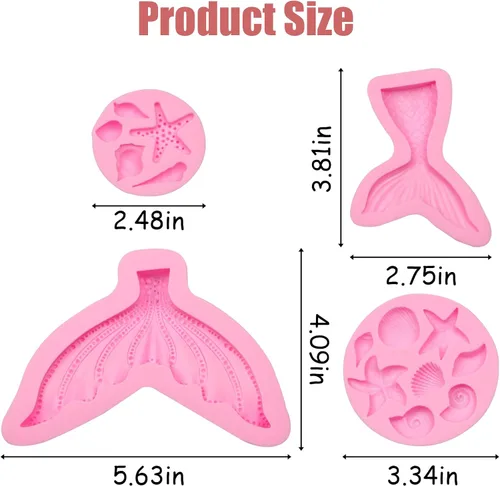 Vista 2 de Moldes de fondant con temática marina, 4 piezas, cola de sirena, concha, estrella de mar, para hornear, chocolate, moldes de silicona