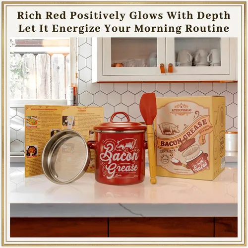 Vista 7 de Ayerphalo Recipiente para grasa de tocino con colador, gran capacidad de 46 onzas, con espátula de madera y silicona, recipiente esmaltado