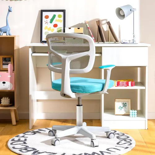 Vista 23 de Silla de escritorio para niños, silla ergonómica giratoria para estudio con soporte lumbar, malla transpirable y ruedas universales, silla de Rosa