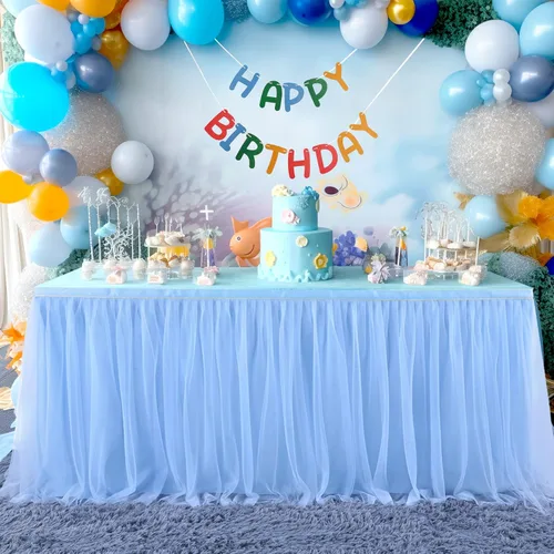 Vista 2 de Suppromo Pack de 2 faldas de mesa de tul azul de 6 pies para mesas rectangulares o redondas, mantel de tul azul para baby shower, cumpleaños