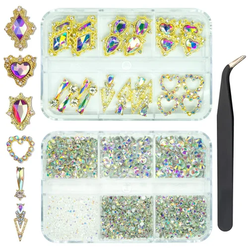 Vista 17 de 24 piezas de piedras brillantes negras para uñas, dijes de uñas de lujo, dijes de corazón negro de jet para uñas, gemas grandes de 3D para uñas