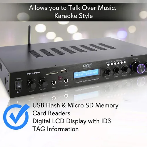 Vista 4 de Pyle Amplificador de cine en casa Bluetooth - 200 vatios en 5 canales con salida de subwoofer, karaoke fácil, micrófono dual, transmisión