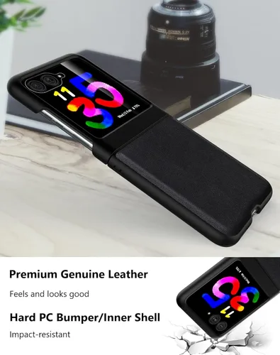 Vista 5 de Cresee Funda para Motorola Razr Plus 2023 (Razr+ 2023) con protector de pantalla - Funda de cuero genuino para Moto Razr+ 2023 - Negro