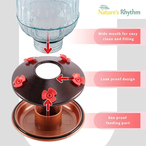 Vista 4 de Nature's Rhythm Comedero para pájaros vintage azul antiguo con botella de vidrio para colibríes, 5 puertos de alimentación y capacidad de néctar