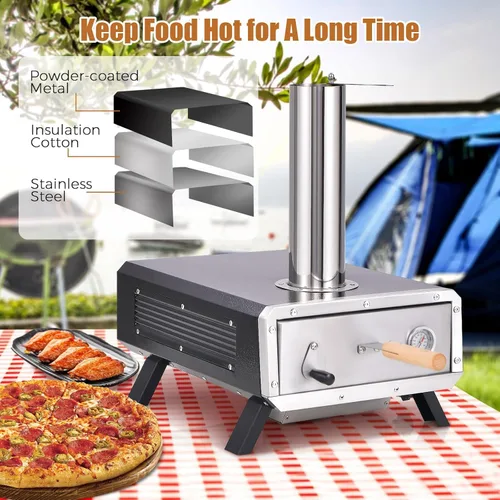 Vista 3 de HAPPYGRILL Horno de pizza al aire libre con piedra giratoria para pizza, máquina de pizza de leña con cáscara de pizza, termómetro y cubierta