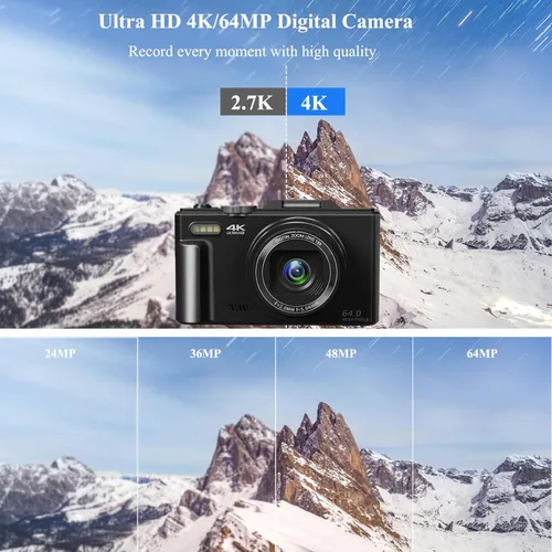 Vista 2 de Cámara digital 4K para fotografía, cámara de vlogging de 64 MP para YouTube, cámaras de vlog WiFi con zoom digital de 18X, pantalla abatible de 3