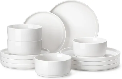 MALACASA Juego de vajilla de porcelana de 12 piezas, moderno juego de platos blancos para 4, juegos de platos y cuencos de primera calidad,