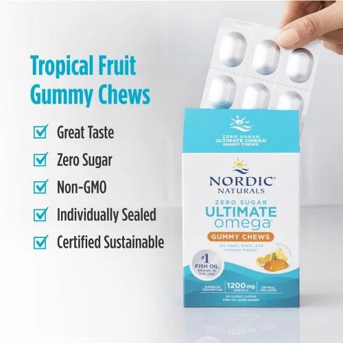 Vista 5 de Nordic Naturals Zero Sugar Ultimate Omega Gummy Chews - Frutas tropicales - 54 gomitas masticables - Sin OGM - Bienestar óptimo - 27 porciones
