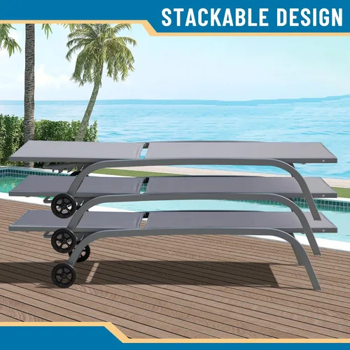 Vista 6 de Domi - Juego de 2 tumbonas para exteriores con ruedas, marco de metal resistente con 5 posiciones ajustables reclinables para porche, playa, patio