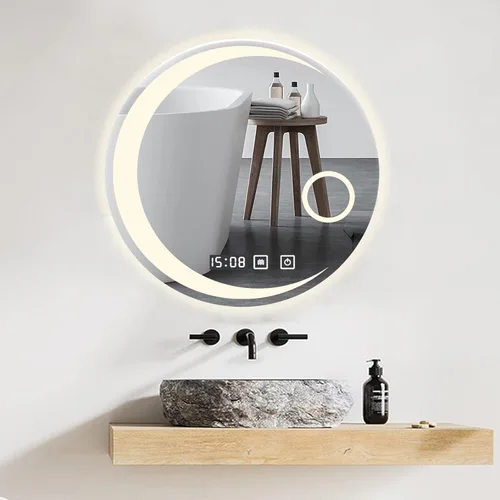 Vista 8 de Espejo LED para baño, espejo de tocador con luces, espejo iluminado regulable, espejos redondos para decoración de pared, con desempañador