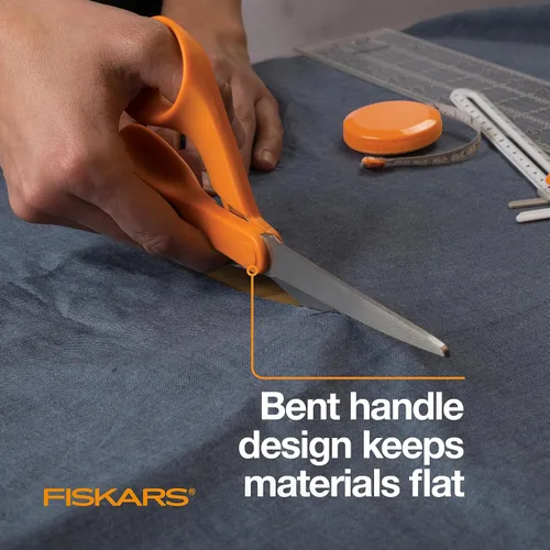Vista 4 de Fiskars Tijeras originales de acero inoxidable con mango naranja de 8 pulgadas, ergonómicas y mantienen el material plano, tijeras afiladas