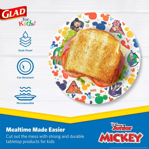 Vista 3 de Glad para Niños Platos de Papel Desechables de Disney Mickey y sus Amigos - Resistentes, A Prueba de Remojo, Aptos para Microondas, Platos
