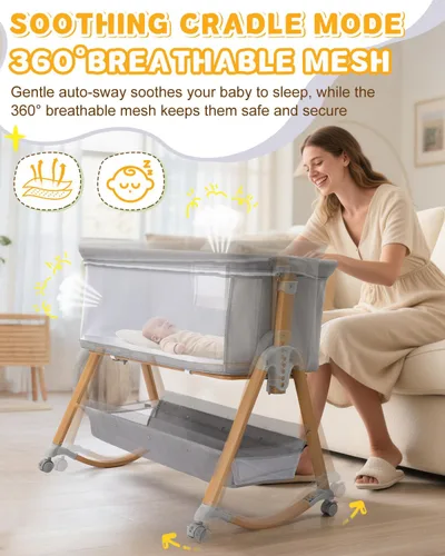 Vista 4 de Ktaxon Moisés de bebé 5 en 1, moisés mecedor con ruedas, colchón extraíble, 6 alturas ajustables, cesta de almacenamiento grande, malla de flujo