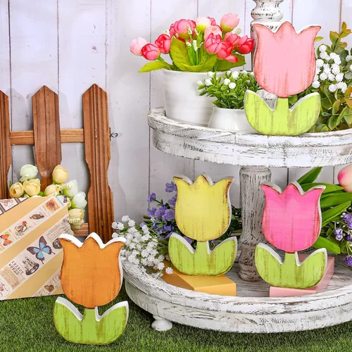 Vista 4 de Whaline 4 letreros de mesa de madera con tulipanes de primavera, centro de mesa, rústico, pastel, colorido, floral, decoración para fiestas, hogar