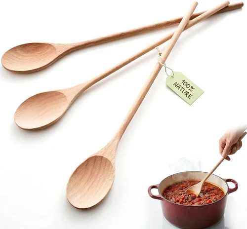 Vista 12 de HANSGO - 3 cucharas de madera de haya europea de 10 pulgadas para cocinar, cucharas de mezcla de madera resistentes al calor, sin arañazos
