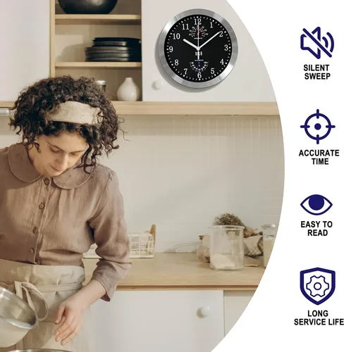 Vista 3 de HITO Reloj de pared silencioso de 10 pulgadas, funciona con pilas, sin tictac, cubierta de vidrio, marco de aluminio plateado, para decoración