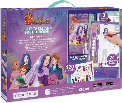 Vista 3 de Make It Real - Cuaderno de bocetos de boda real de Disney Descendants con mesa de luz de trazado. Kit de dibujo y trazado de diseño de moda