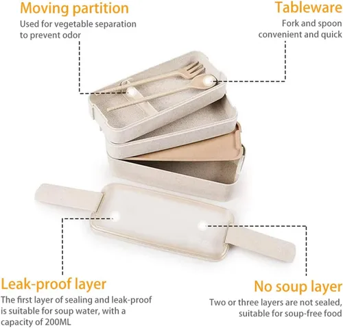 Vista 3 de Caja Bento portátil, lonchera de 3 capas, 30.4 fl oz de paja de trigo para vajilla de almacenamiento de alimentos (beige)