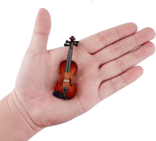 Vista 2 de Violín miniatura de madera con soporte, arco y estuche, mini violín, réplica de instrumentos musicales, colección de figuras coleccionables, adorno