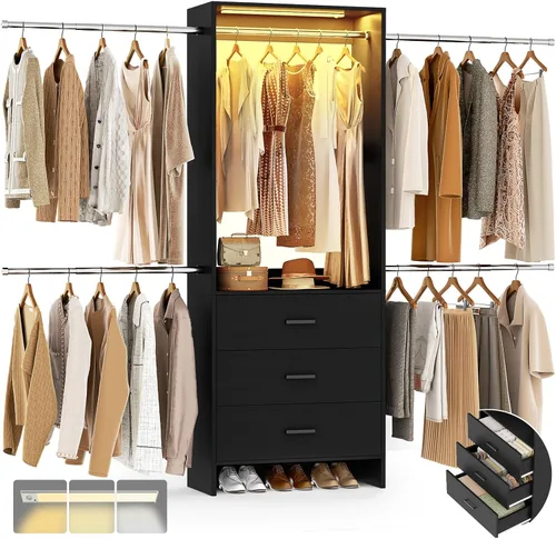 Aheaplus Sistema de armario con luz de detección de movimiento, 3 cajones de madera y 4 varillas para colgar, organizador de armario personalizable