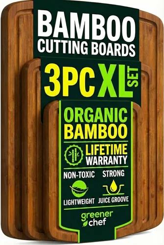 Greener Chef Juego de tablas de cortar de bambú de lujo de 3 piezas con tecnología de resistencia de grano vertical carbonizada, tablas de cortar de