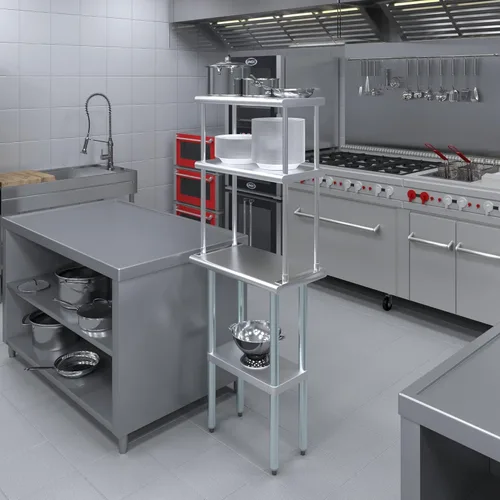 Vista 4 de Mesa de trabajo de acero inoxidable con estante ancho de doble nivel Combo de mesa de preparación de cocina y estantes de metal