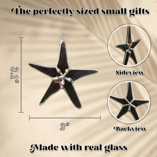 Vista 5 de Atrapasoles de Estrella de Mar de Vidrio Emplomado Perla Negra de 3" - Ideal para Decoración del Hogar Costero, Decoración de Dormitorio, Decoración