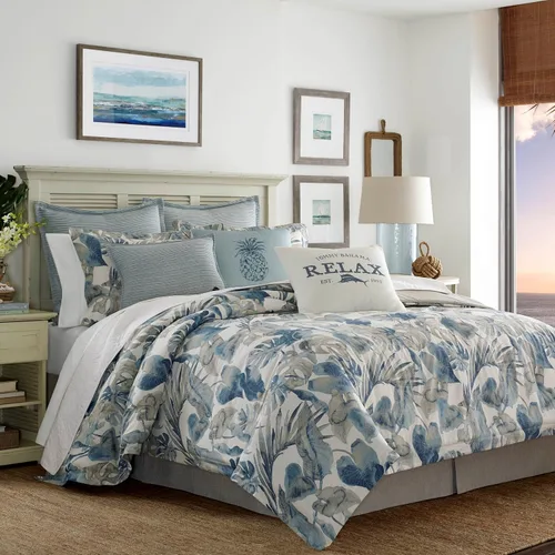 Vista 4 de Tommy Bahama Juego de edredón tamaño Queen, ropa de cama de algodón con fundas a juego y falda de cama, funda europea, azul (Queen)