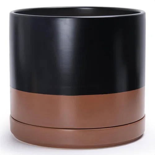 Vista 15 de D'vine Dev Maceta de cerámica de 10 pulgadas con orificio de drenaje y platillo, maceta redonda cilíndrica para interiores, color negro, 94-O-E-2