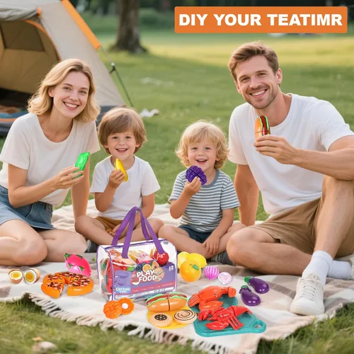 Vista 7 de Juego de 80 piezas de comida de corte para la cocina de los niños, juguetes de comida falsos con bolsa de almacenamiento, juego de comida de juguete