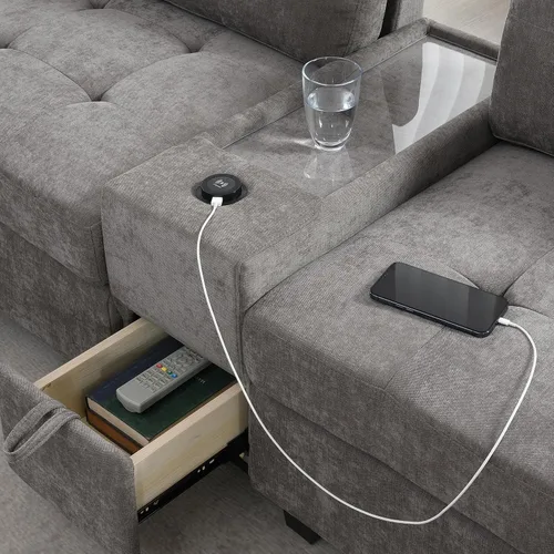 Vista 124 de Sofá modular de felpilla con tapicería en forma de L, sofá modular de 4 asientos con otomana extraíble y 5 almohadas para sala de estar, apartamento
