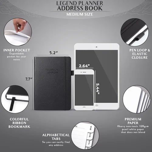 Vista 2 de Libreta de direcciones Legend Planner con pestañas alfabéticas –Libreta de contactos telefónicos para números de teléfono, direcciones, contraseñas