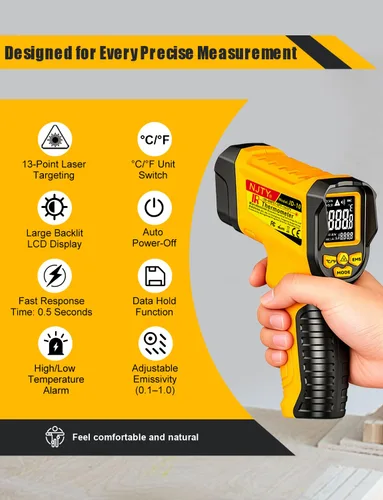 Vista 3 de NJTY Pistola Termómetro Infrarrojo, -58℉ a 1472℉, Alta Precisión, Sensor de Temperatura Láser Sin Contacto con Pantalla LCD Retroiluminada