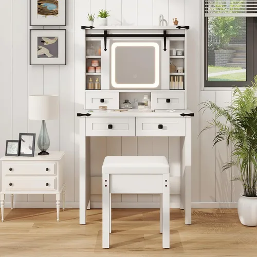Vista 8 de CHARMAID Escritorio de Tocador Blanco con Espejo Deslizante Estilo Granero y Luces, Escritorio de Tocador de Maquillaje con Superficie de Vidrio