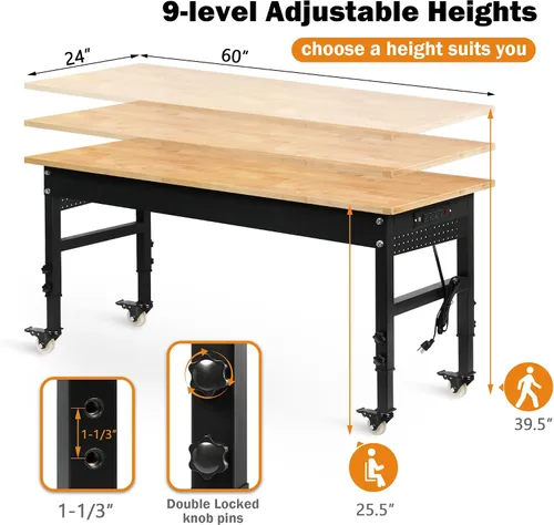 Vista 73 de Betterhood Banco de trabajo de altura ajustable, estación de trabajo resistente con parte superior de madera de goma de 48 pulgadas con tomas
