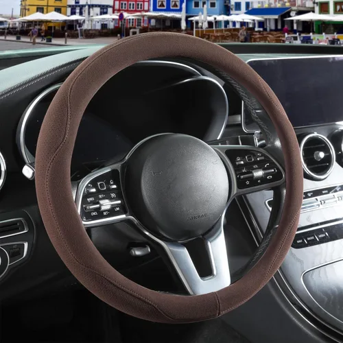 Vista 9 de Funda para volante en forma de D de gamuza negra de 14 pulgadas, transpirable, antideslizante, a prueba de sudor, resistente al desgaste, sin