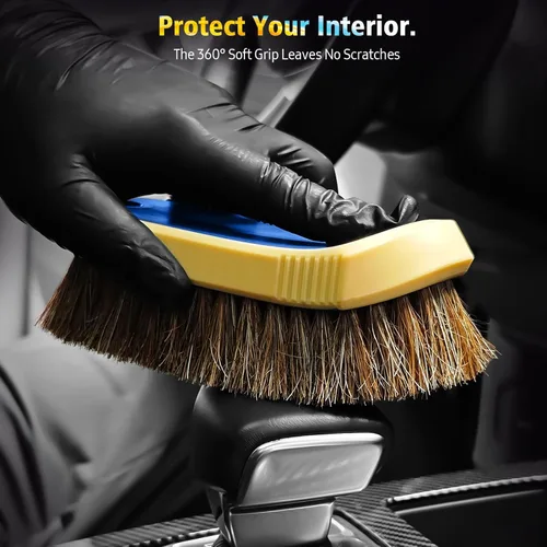 Vista 4 de YeewayVeh Cepillo de limpieza de cuero de pelo de caballo, cepillo de cuero de cerdas largas mejorado con agarre suave de 360°, para asientos
