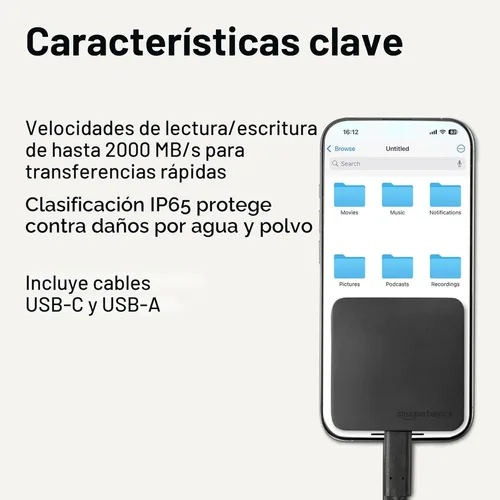 Vista 2 de Yaxa Basics - SSD externa portátil, unidad de estado sólido externa de 1 TB, velocidades de hasta 2000 MB/s, USB 3.2 Gen 2, resistente al agua