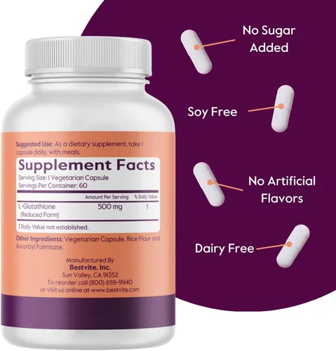 Vista 3 de BESTVITE L-glutatión 500mg (60 cápsulas vegetarianas) - Sin estearatos - Vegano - Sin OMG - Sin gluten