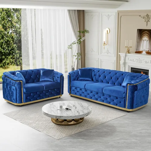 Vista 11 de DAMAIFROM Juego de sofá de terciopelo de lujo beige y dorado, moderno de mediados de siglo, sofás Chesterfield copetudos y patas doradas, juego de 2