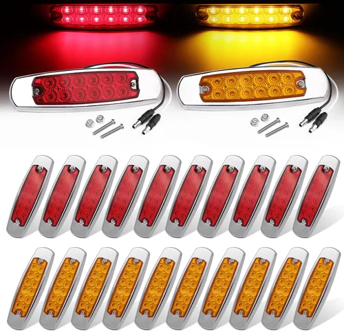 Paquete de 20 (10 ámbar + 10 rojo) Luces LED de marcador lateral de 12 V con enchufe de 2 cables (CC), 12 luces LED para guardabarros, montaje en