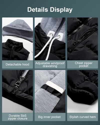 Vista 7 de CREATMO US Chaleco de invierno para hombre, para exteriores, con capucha, extraíble, acolchado, sin mangas, chaleco