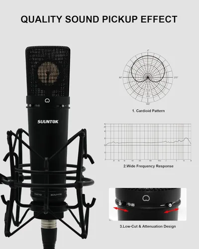 Vista 3 de SUUNTOK Micrófono XLR, Micrófono de condensador profesional con diafragma grande de 34mm, Micrófono de estudio cardioide para grabación TM87KB Kit