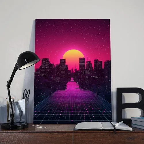 Vista 8 de Cyberpunk Minimal Wall Art – Retro Future Grid Skyline Canvas, Neon Tech Decor for Office Or Bedroom Art Wall Decoration Poster Family Bar