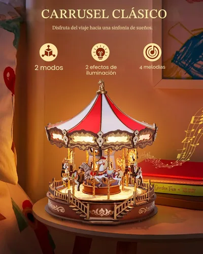 Vista 8 de Rolife Rompecabezas 3D de madera para adultos, caja de música de carrusel de bricolaje con luces de cazador de 11.6 pulgadas, kit de construcción