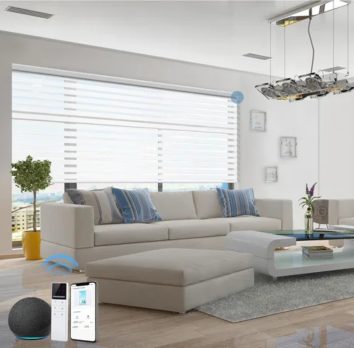 Vista 36 de tipiace Persianas inteligentes de cebra motorizadas con cable duro con Alexa Google Home, tela filtrante de luz de doble capa, persianas Negro