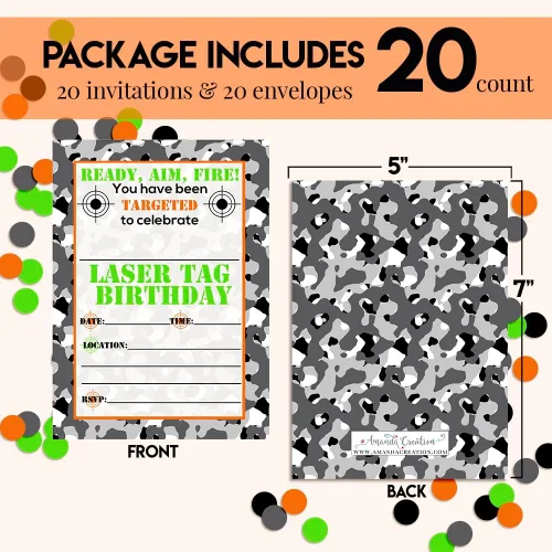 Vista 4 de AmandaCreation - Invitaciones para fiesta de cumpleaños con etiqueta láser de camuflaje, 20 tarjetas de relleno de 5 x 7 con veinte sobres blancos