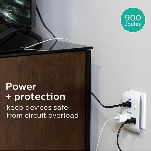 Vista 6 de Philips Protector contra sobretensiones extensor de 6 enchufes, adaptador de pared, 900 julios, 3 clavijas, diseño que ahorra espacio, luz LED